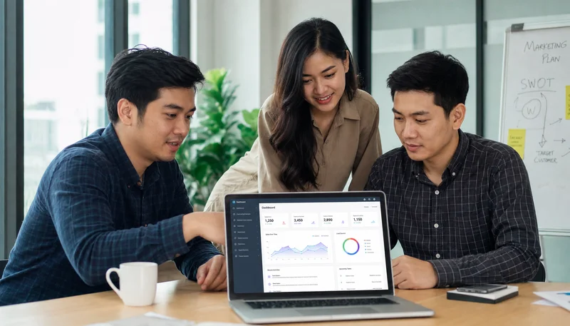 Contoh software bisnis CRM dipakai dalam meeting tim