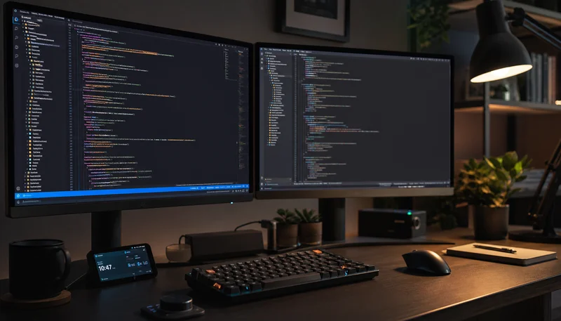 Contoh software pengembangan dengan code editor dual monitor