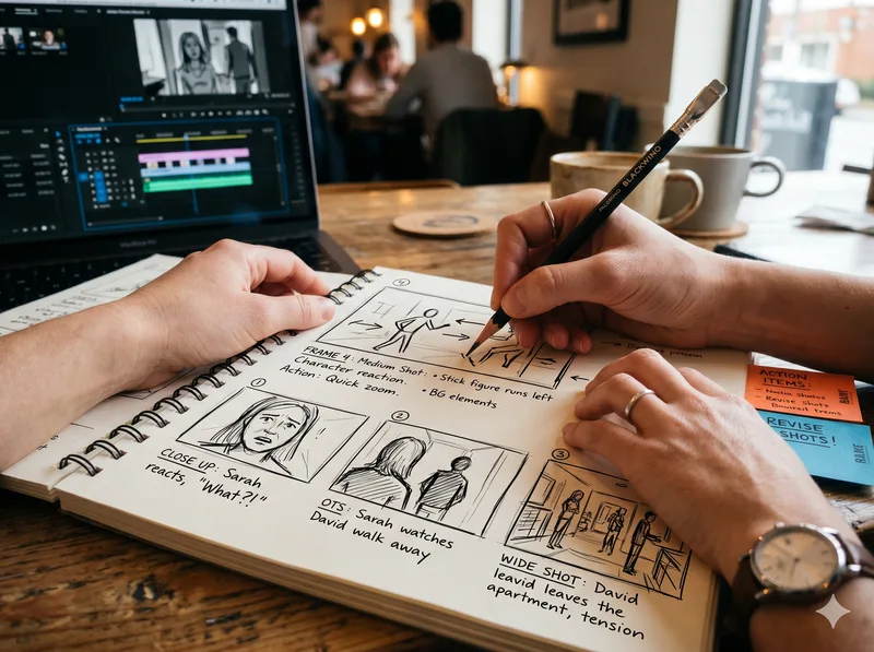 Proses sketsa storyboard di buku gambar dengan referensi laptop