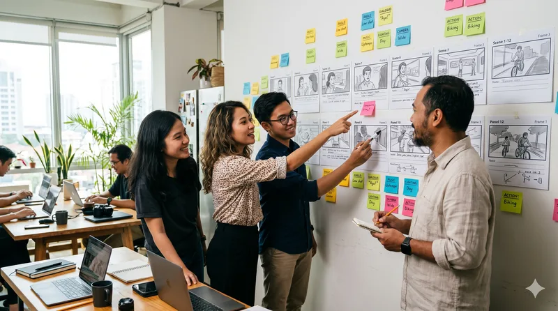 Tim kreatif Creativism mereview storyboard di dinding kantor