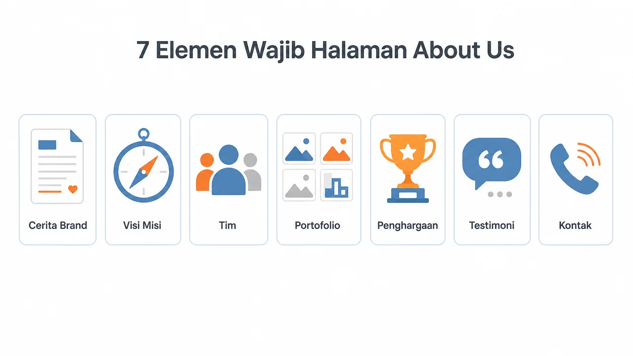 Diagram 7 elemen wajib halaman About Us: cerita brand, visi misi, tim, portofolio, penghargaan, testimoni, kontak