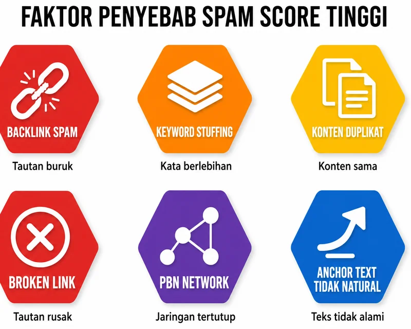 Infografik enam faktor utama penyebab spam score tinggi: backlink spam, keyword stuffing, konten duplikat, broken link, PBN network, dan anchor text tidak natural