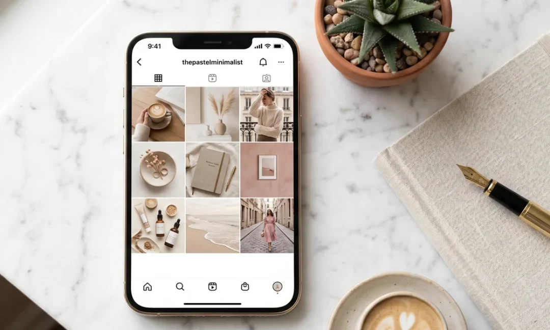 Feed IG aesthetic mockup grid 3x3 dengan tema pastel cream