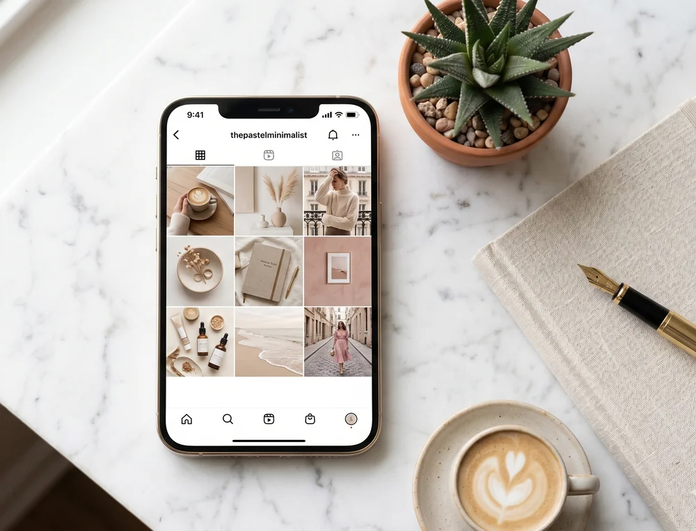 Feed IG aesthetic mockup grid 3x3 dengan tema pastel cream