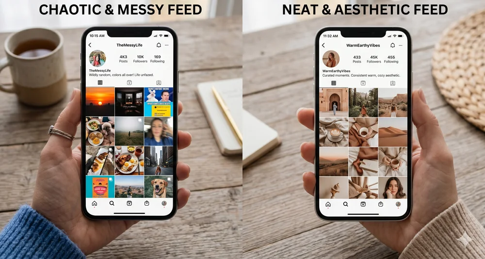 Perbandingan feed IG aesthetic versus feed berantakan