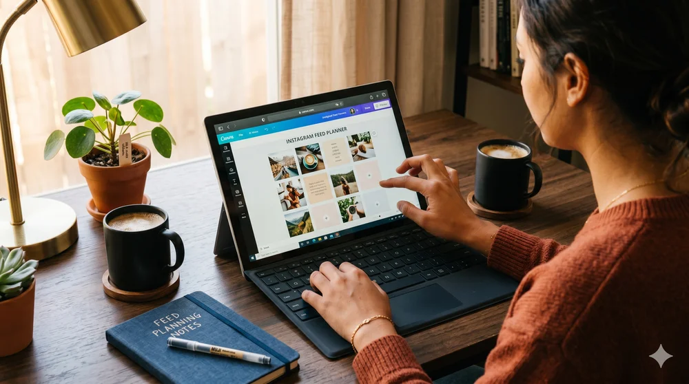 Perencanaan feed IG aesthetic menggunakan Canva di laptop