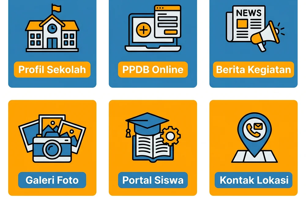 Enam fitur wajib website sekolah terbaik: profil, PPDB, berita, galeri, portal, kontak