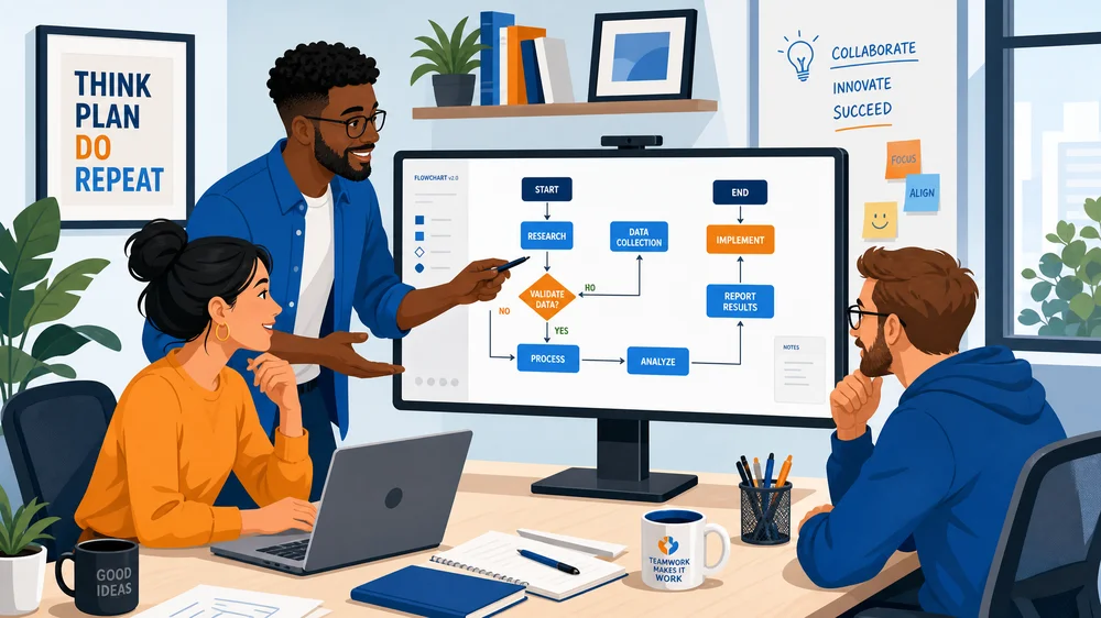 Tim berkolaborasi membuat flowchart proses bisnis