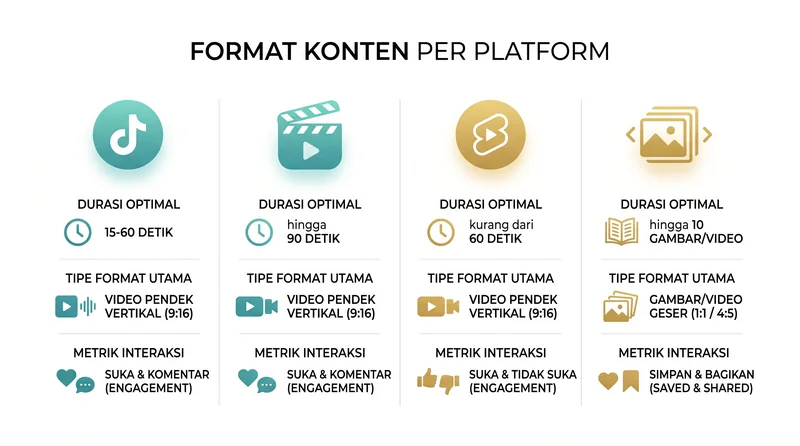 Format konten per platform - TikTok Reels Shorts Carousel comparison
