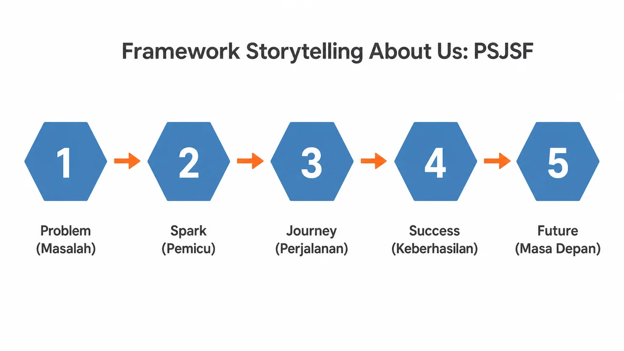 Framework storytelling PSJSF untuk About Us page: Problem, Spark, Journey, Success, Future