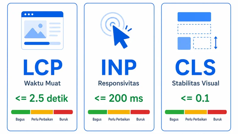 Tiga metrik Core Web Vitals yaitu LCP, INP, dan CLS
