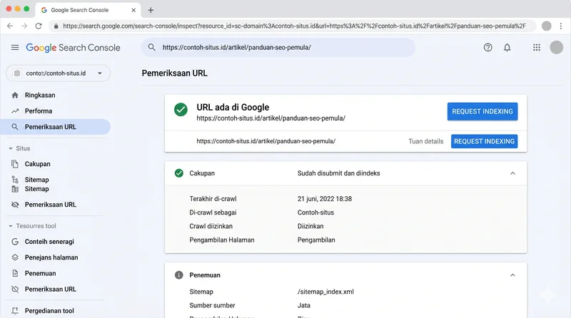 Mockup dashboard URL Inspection Tool di Google Search Console