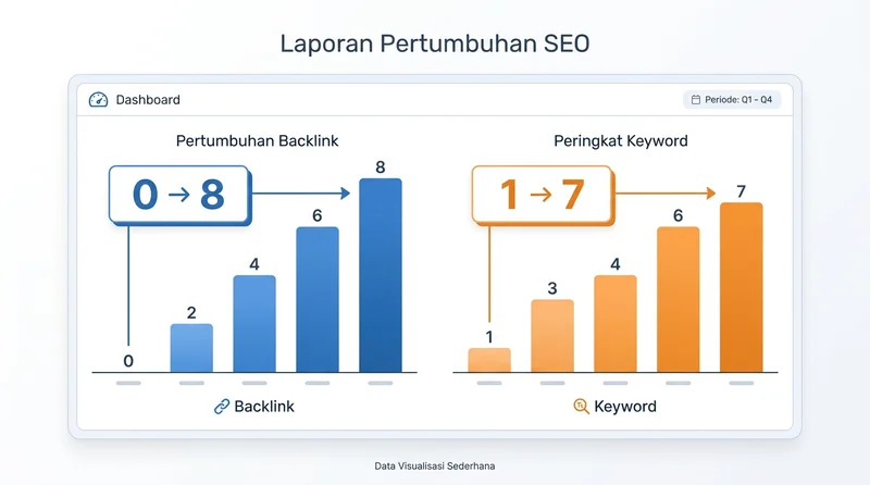 Grafik pertumbuhan SEO KVM Extender: backlink dari 0 ke 8 dan keyword dari 1 ke 7 dalam 2 bulan