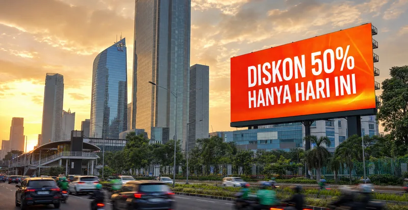 Billboard digital menampilkan headline iklan diskon di Jakarta sebagai contoh out-of-home advertising