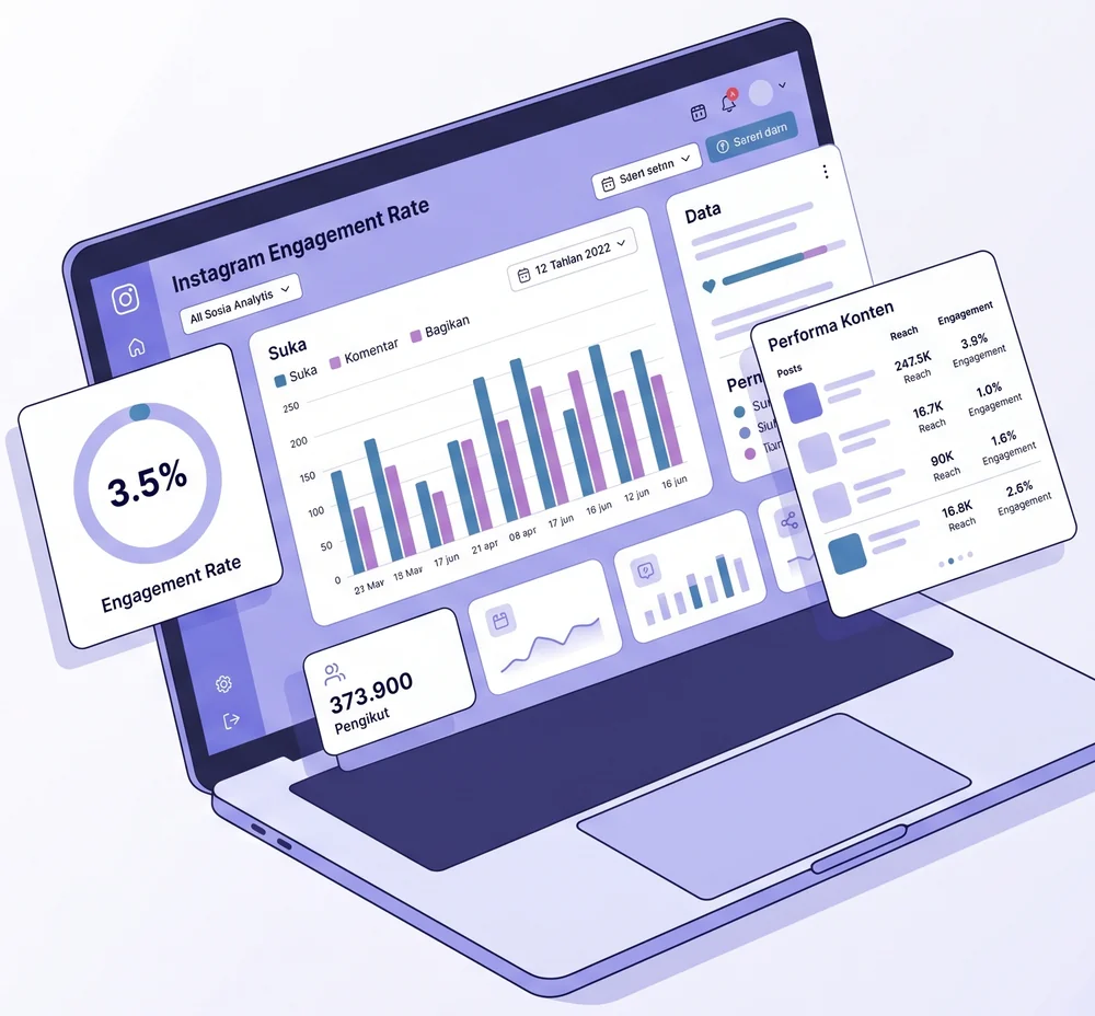 Cek engagement rate Instagram lewat dashboard analytics modern dengan grafik dan metrik konten