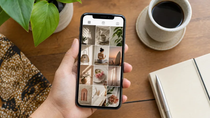 Mockup smartphone menampilkan profil Instagram dengan feed aesthetic 9-grid bertema earthy
