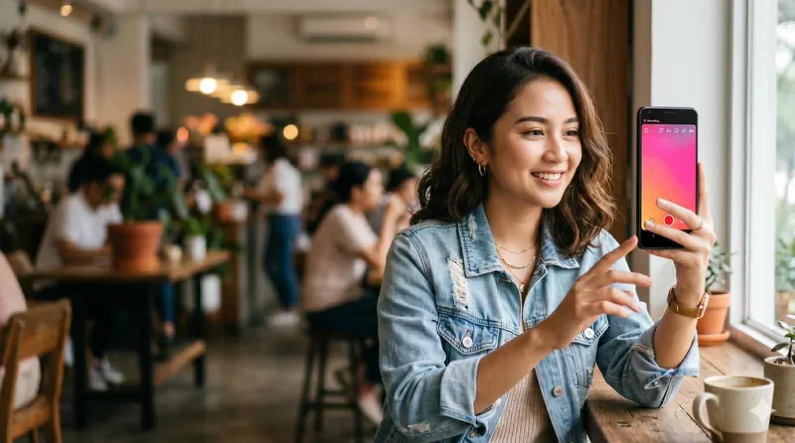 Wanita Indonesia merekam Instastory dengan smartphone di kafe