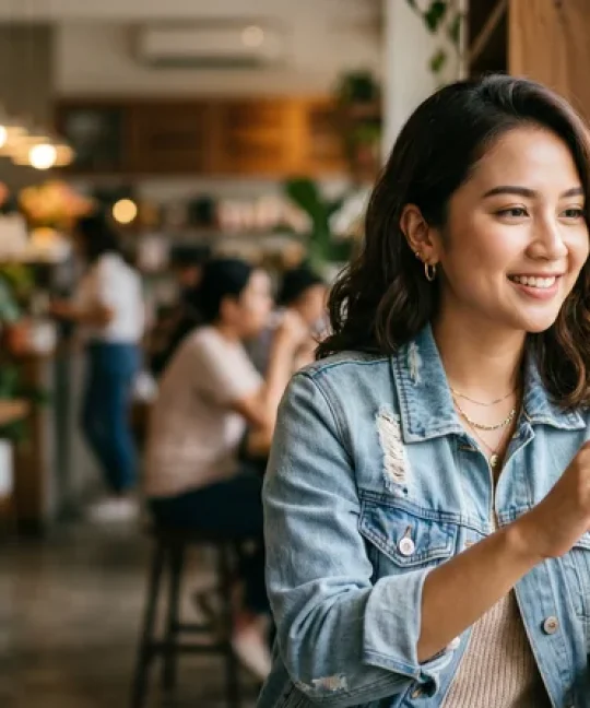 Wanita Indonesia merekam Instastory dengan smartphone di kafe
