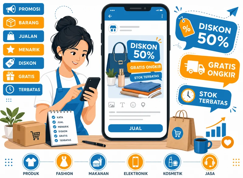 Ilustrasi kata kata untuk menjual barang dengan tampilan promosi produk Indonesia