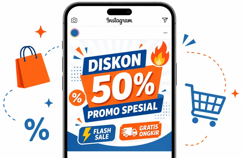 Ilustrasi tulisan promo menarik di feed Instagram dengan teks diskon dan promo spesial