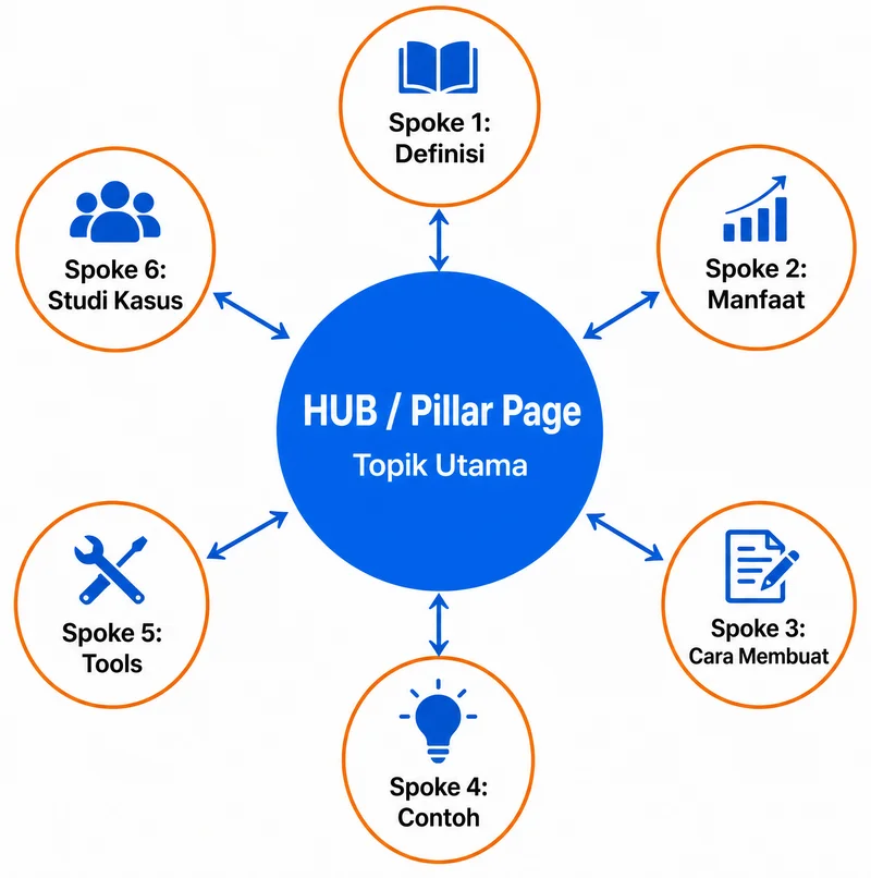 Diagram hub and spoke SEO dengan 6 spoke artikel yang terhubung ke pillar page