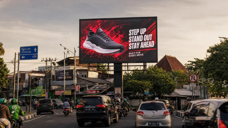 Billboard iklan sepatu di persimpangan kota Indonesia