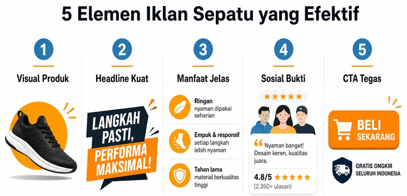 Lima elemen iklan sepatu efektif: visual produk, headline, manfaat, sosial bukti, CTA