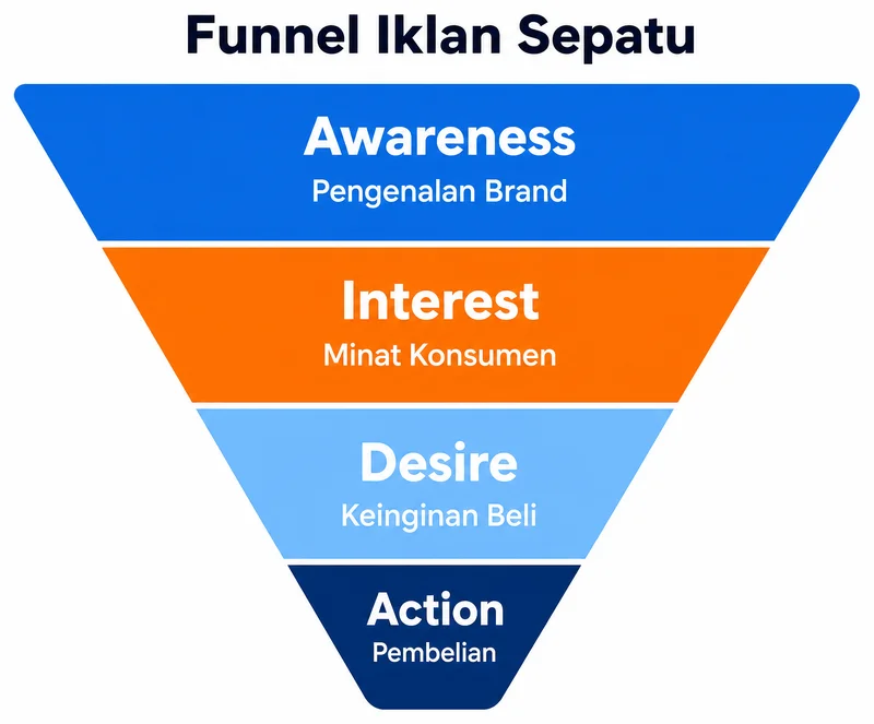 Funnel iklan sepatu: awareness, interest, desire, action