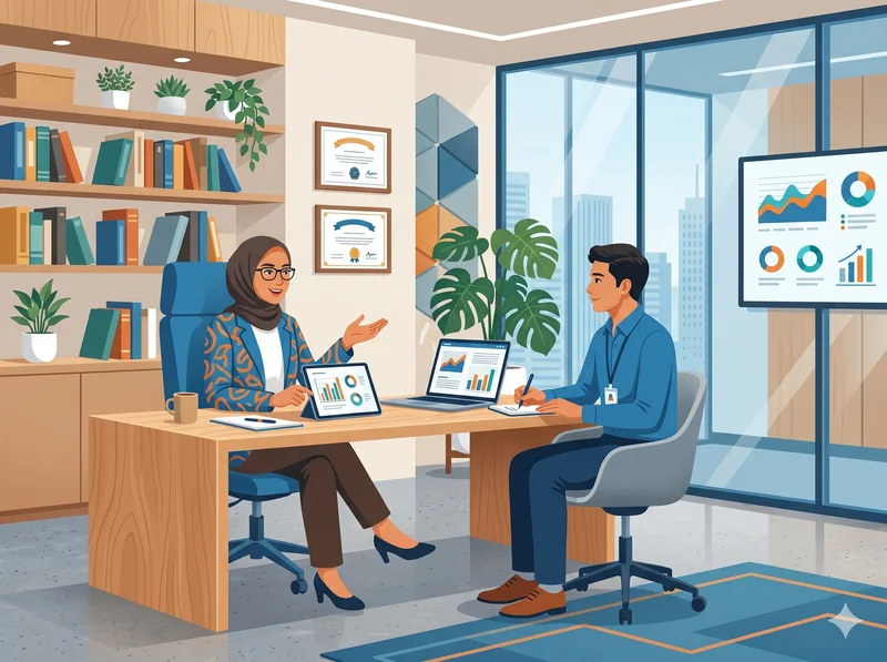Ilustrasi seorang pakar memberikan konsultasi profesional kepada klien bisnis