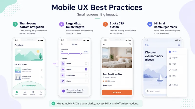 Web mobile UX best practices thumb-zone touch target sticky CTA