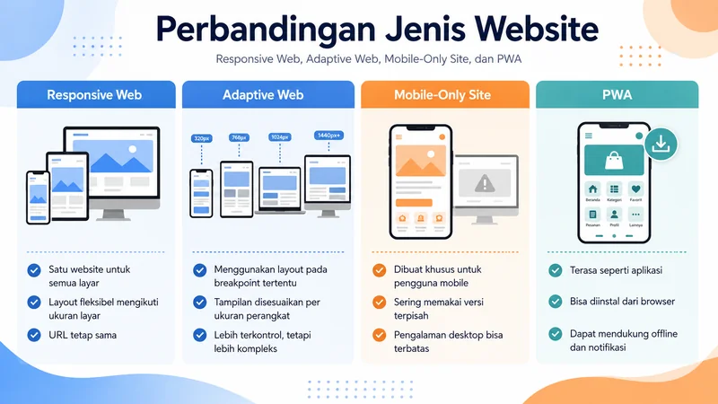 Perbandingan jenis web mobile responsive adaptive mobile-only PWA