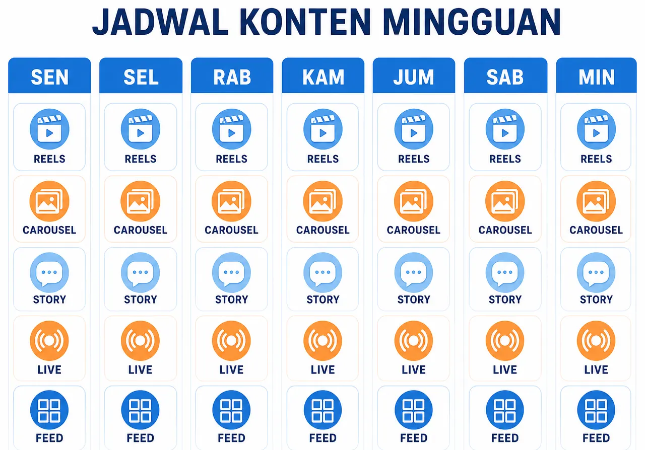 Contoh jadwal konten mingguan media sosial dengan format yang bervariasi