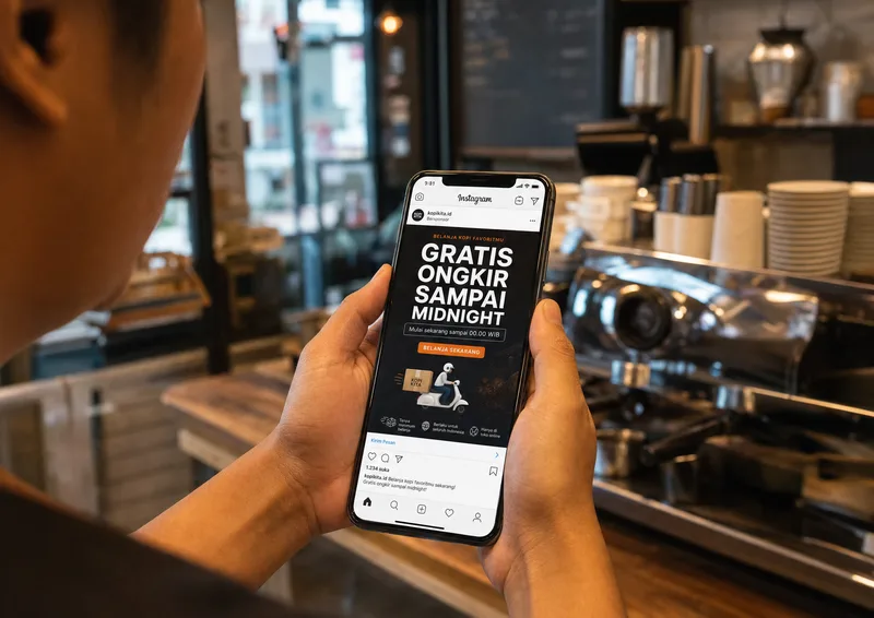 Smartphone menampilkan iklan Instagram dengan headline gratis ongkir sebagai contoh headline iklan digital