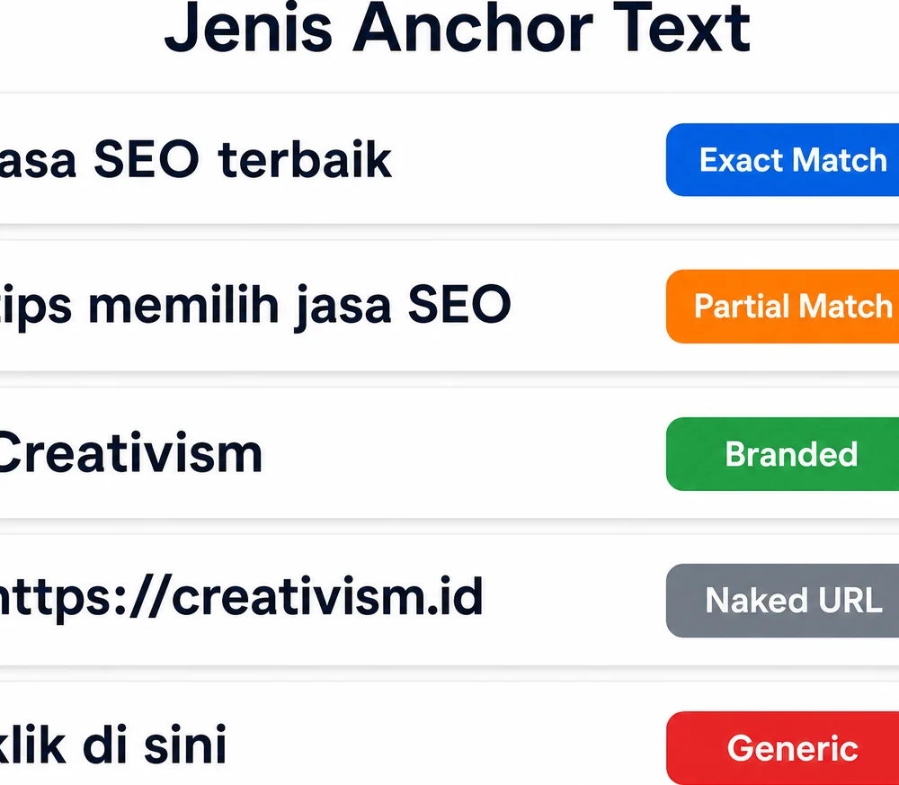 Jenis anchor text dalam SEO: exact match, partial match, branded, naked URL, generic