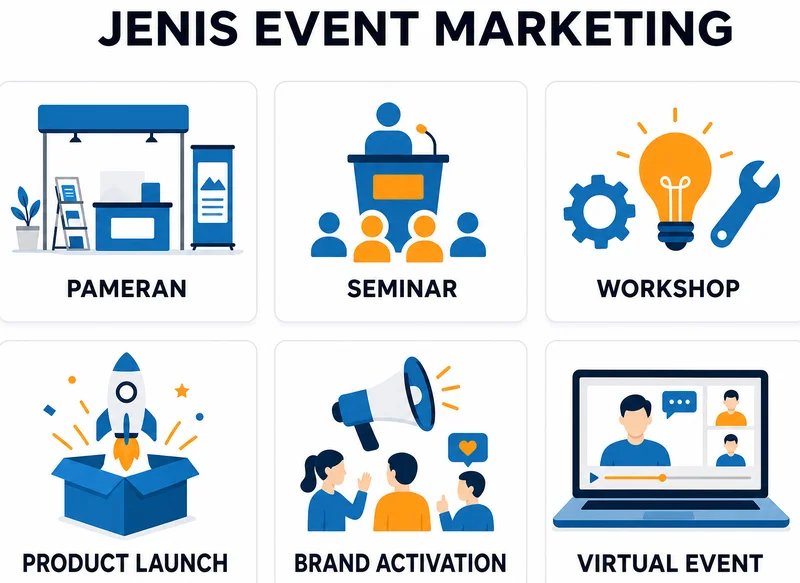 Infografis 8 jenis event marketing meliputi pameran, seminar, workshop, dan brand activation