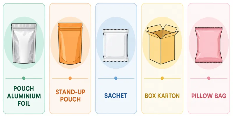 Lima jenis kemasan snack: pouch aluminium foil, stand-up pouch, sachet, box karton, dan pillow bag