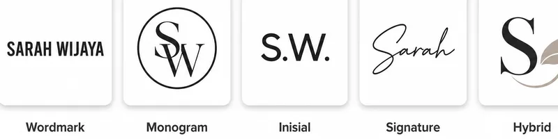 Lima jenis logo nama orang: wordmark, monogram, inisial, signature, dan hybrid