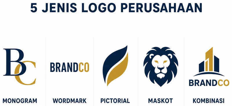 Lima jenis logo perusahaan: monogram, wordmark, pictorial, maskot, kombinasi