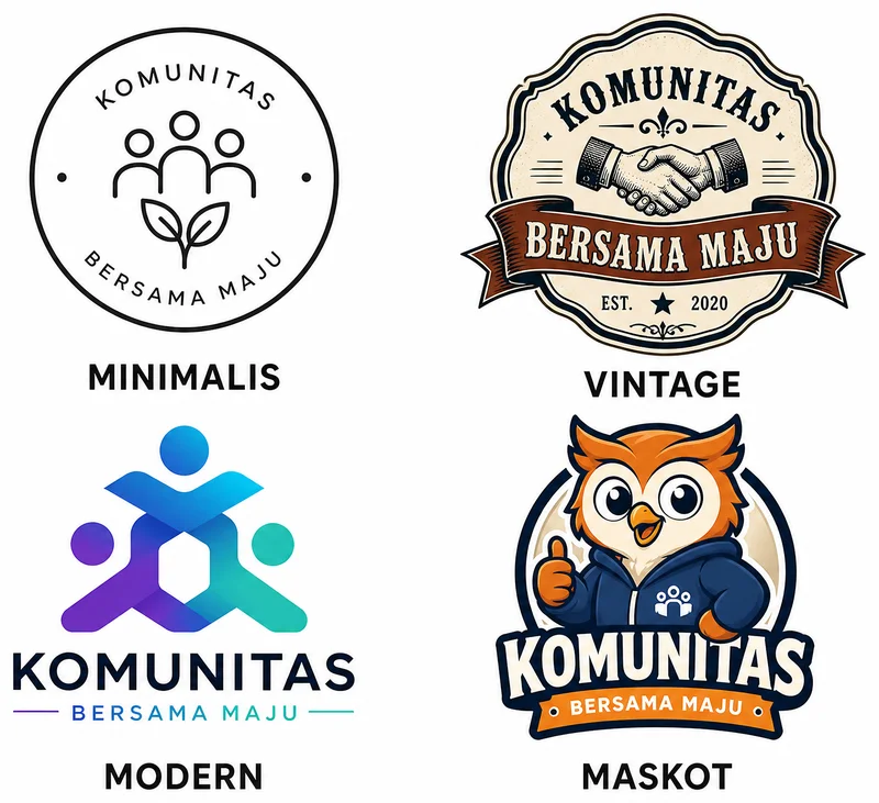 jenis logo komunitas: minimalis, vintage, modern, maskot