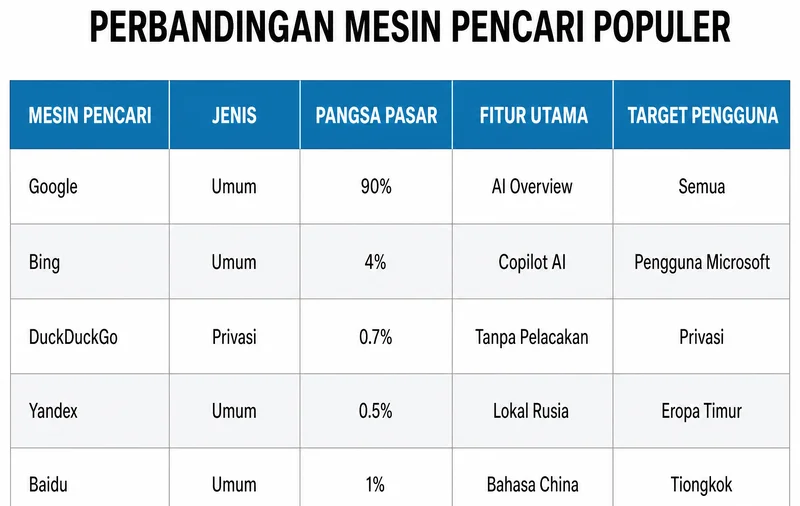 Tabel perbandingan lima mesin pencari populer berdasarkan jenis dan pangsa pasar