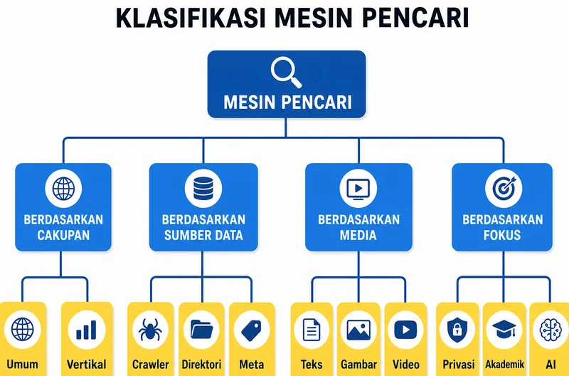 Diagram klasifikasi jenis mesin pencarian berdasarkan cakupan, sumber data, media, dan fokus