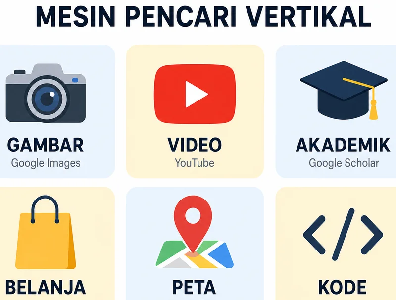 Enam jenis mesin pencari vertikal berdasarkan media dan kategori konten