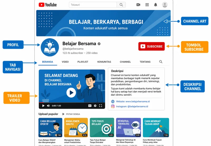 Anatomi kanal YouTube: channel art, profil, deskripsi, tab navigasi