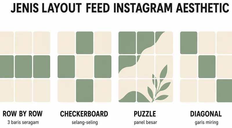 Empat jenis layout grid feed Instagram aesthetic: row by row, checkerboard, puzzle, diagonal