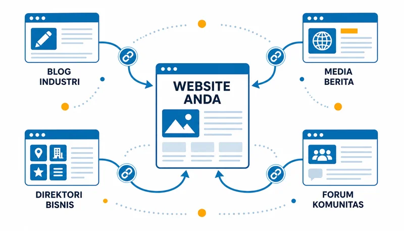 Ilustrasi linkbuilding sebagai jaringan tautan antar website untuk SEO