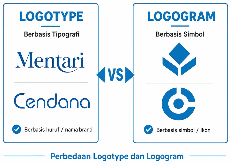 Perbedaan logotype dan logogram berbasis tipografi vs simbol