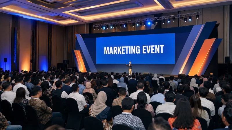 Suasana marketing event korporat dengan stage modern dan ratusan peserta