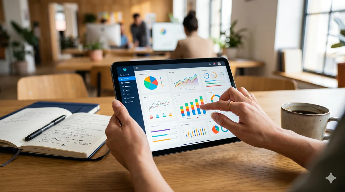 Tablet menampilkan dashboard analytics kampanye microsite