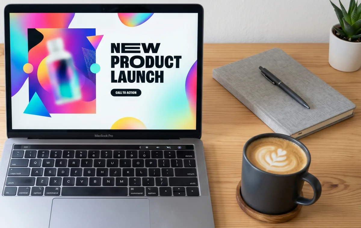 Laptop menampilkan campaign microsite di meja kerja minimalis