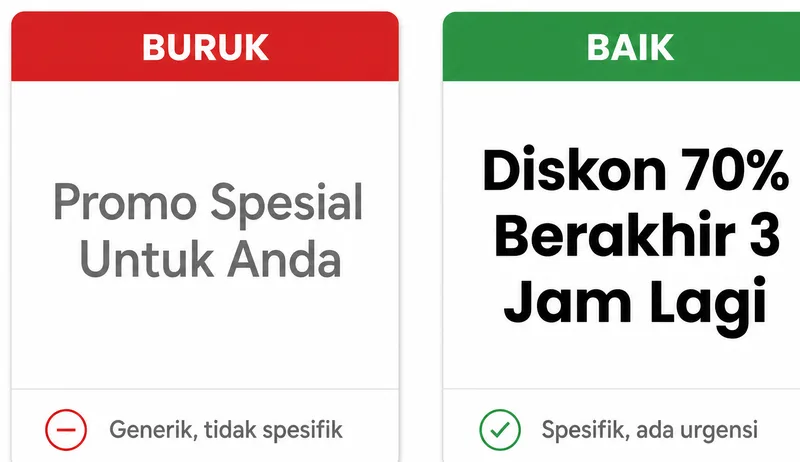 Perbandingan headline iklan buruk versus baik dengan contoh promo spesial dan diskon 70 persen 3 jam lagi
